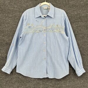 Vintage Koret Francisca Top Womens Large Blue White Striped Embroidered Coastal
